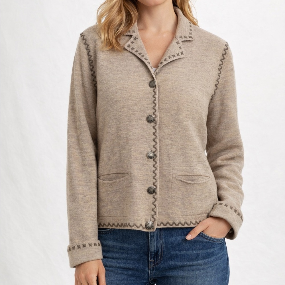 Woolrich Wool Tan Button Down Cardigan Sweater Stitching Detail Granola Girl L